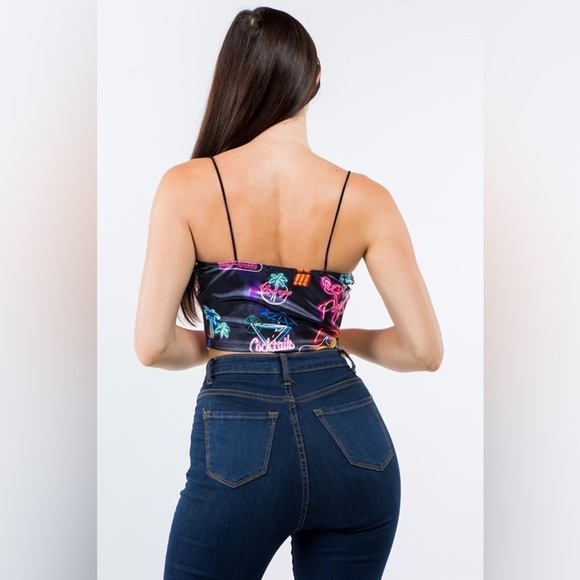 Bear Dance Vegas Light Neon Sign Influencer Printed Satin Sleeveless Crop Top - Picture 5 of 6